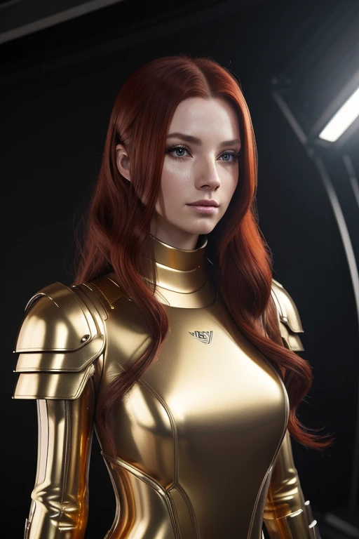 (best quality,8k:1.2,high resolution:1.2),ultra-detalhado,Realistic,space female,very long red hair,rosto extremamente detalhado,long eyelashes,gold metalic tight armour,gloves,Glossy accessories,Physically-based rendering,foco nítido,studio lighting