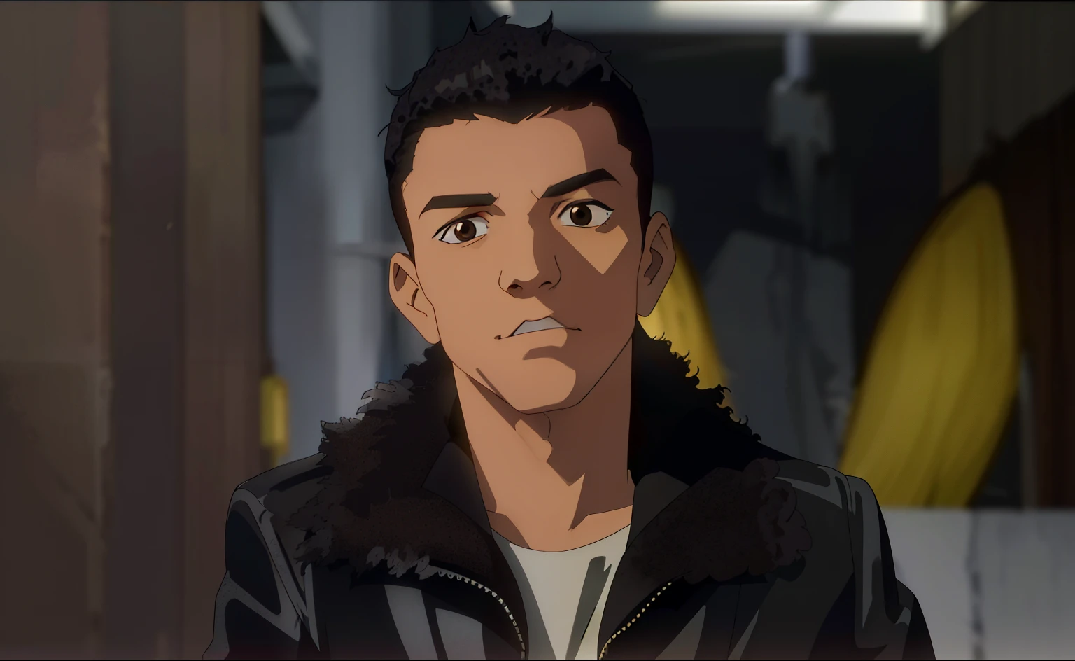 ((QuarryRyan: 1.0)), 1boy, solo, black hair, brown eyes, dark skin, black leather jacket, white shirt,  warehouse, blurry background,((upper body: 1.0)), looking at viewer, (insanely detailed, beautiful detailed face,beautiful detailed eyes, masterpiece, best quality), ben10,solo,
