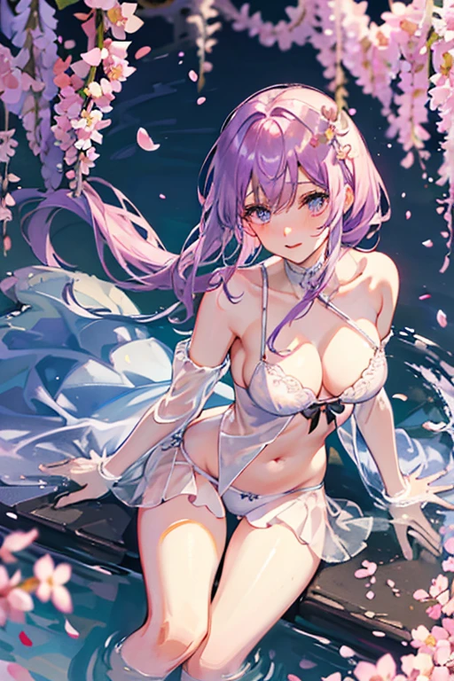 Flowers bloom by the water、((Wisteria shelf))、weeping cherry blossoms、、(Cherry blossom petals floating on the surface of the water:1.5)、water reflection!!!!!、transparent white lingerieを着てポーズをとるアラフィフの女性、transparent white lingerieビューティー、sexy see-through white lingerie wear、complex, captivating and captivating、transparent white lingerie!!、Sexy woman in see-through lingerie posing for a photo、sheer lingerie!!、beautiful female body、fantastic and fantasticな雰囲気、see-through lingerie、光沢のあるsheer lingerie、dreamy aesthetics、mysterious softness、soft aesthetics、transparent lace babydoll、fantastic and fantastic、fantastic and fantasticなスタイル、fantastic and fantastic、(((Big big breasts)))、beautiful leg style、stylish hair、cute hairstyle、Many petal body esbian、(pink water surface、purple water surface)