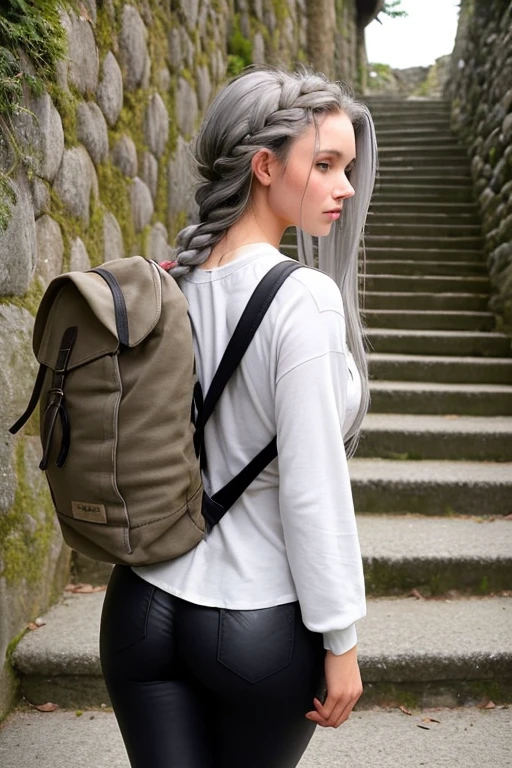 The girl is fragile and sexy. The color of the hair on the head is brown at the bottom, turning into gray at the ends of the hair. The ends of the hair are gray. The hair is brown on the roots and head. Hair is braided. The woman is dressed in a loose caramel tunic and tight pants. He carries a heavy canvas green backpack on his back. A woman climbs the stairs of an old stone fortress.