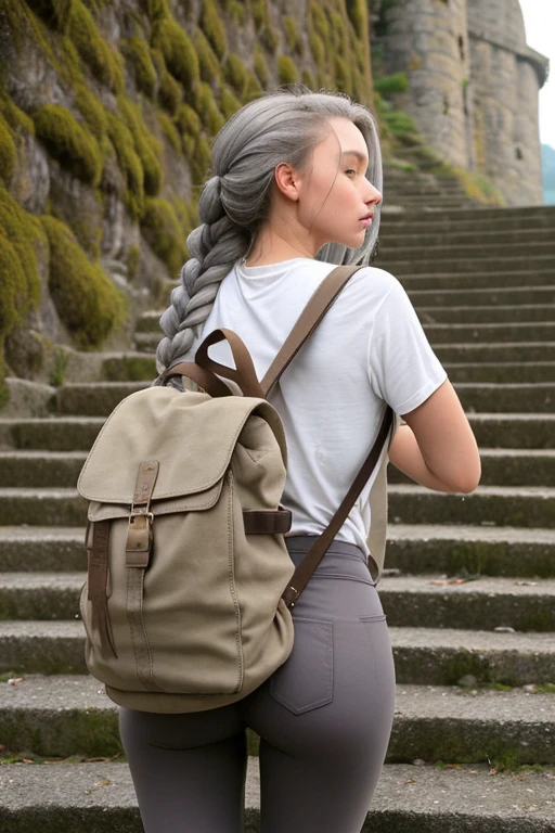 The girl is fragile and sexy. The color of the hair on the head is brown at the bottom, turning into gray at the ends of the hair. The ends of the hair are gray. The hair is brown on the roots and head. Hair is braided. The woman is dressed in a loose caramel tunic and tight pants. He carries a heavy canvas green backpack on his back. A woman climbs the stairs of an old stone fortress.
