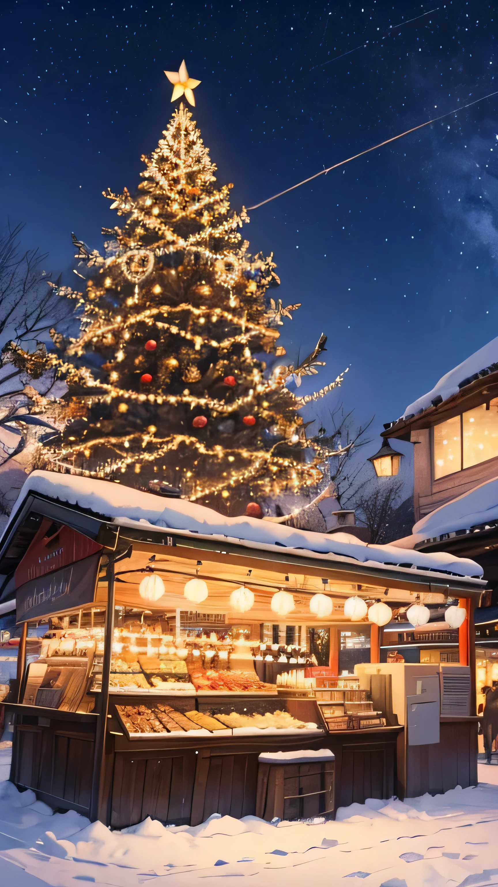 backround christmas festival, chrismas tree at the side, snowing, starling night, market stalls
