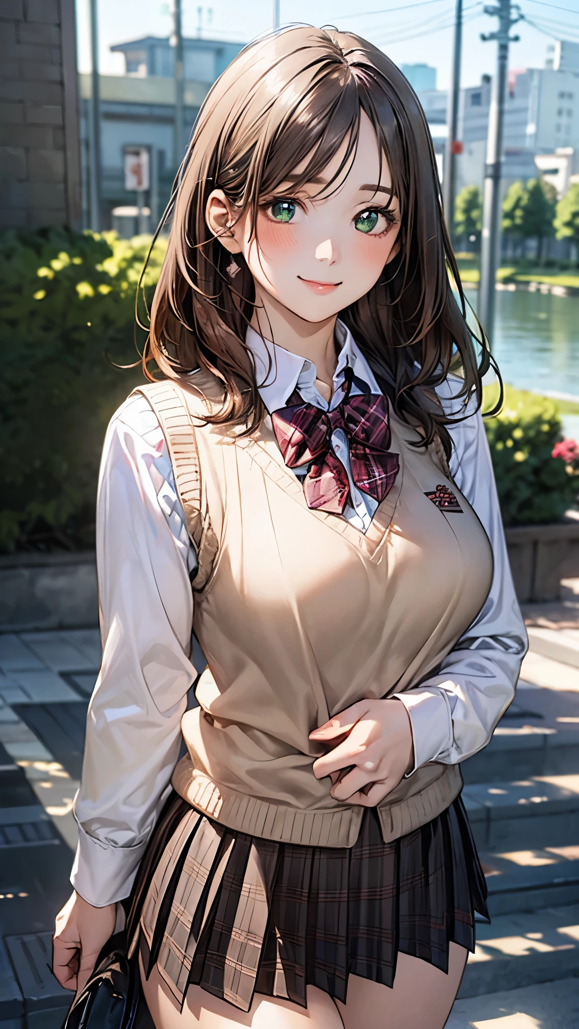 (masterpiece:1.2, top-quality), (realistic, photorealistic:1.4), beautiful illustration, (natural side lighting, movie lighting), 
looking at viewer, cowboy shot, front view:0.6, 1 girl, japanese, high school girl, perfect face, cute and symmetrical face, shiny skin, 
(middle hair:1.6, flipped hair:1.4, sidelocks, dark brown hair), parted bangs, emerald green eyes, long eye lasher, (large breasts:0.9, thick thighs), 
beautiful hair, beautiful face, beautiful detailed eyes, beautiful clavicle, beautiful body, beautiful chest, beautiful thigh, beautiful legs, beautiful fingers, 
((light pink long sleeve collared shirts, light brown plaid pleated mini skirt, socks, brown loafers, red pleated bow tie, beige sleeveless knitted vest)), pink panties, 
(beautiful scenery), evening, riverside, walking, hands on chest, (lovely smile, upper eyes), 