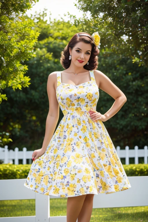 Best quality, woman, 40´s pinup style, floral white and yellow fence dress, florish