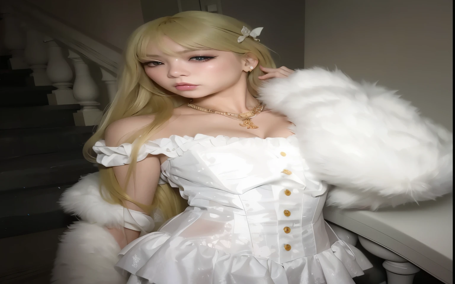 there is a woman with a white dress and blonde hair, artwork in the style of Guweiz, Guweiz masterpiece, Lalisa Manoban do Blackpink, Lalisa Manobal, Retrato de Jossi do Blackpink, longos cabelos brancos e franja, no art style by bowater, Guweiz on pixiv artstation