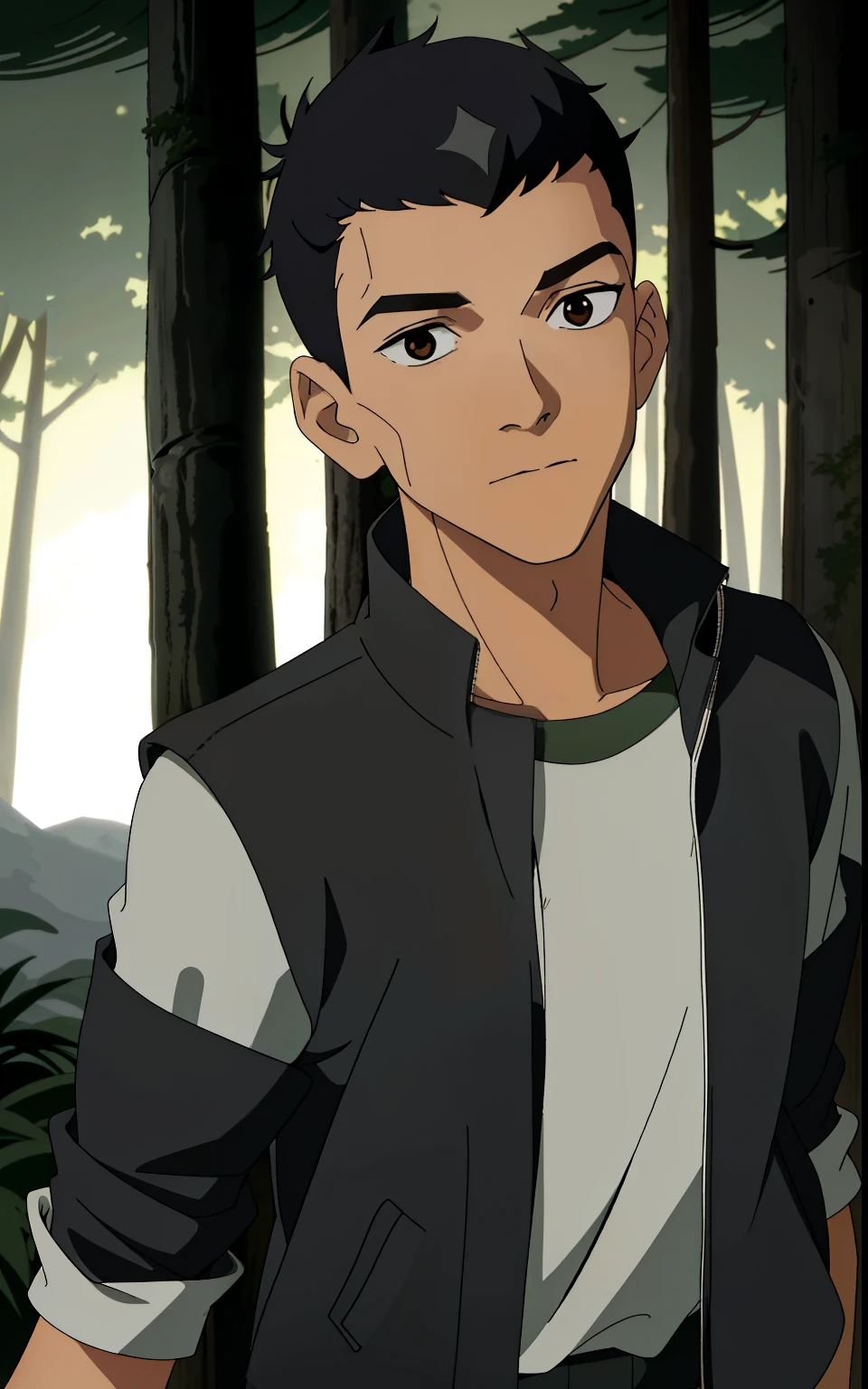 ((QuarryRyan: 1.0)), 1boy, solo, black hair, brown eyes, dark skin, black leather jacket, white shirt,  pine trees, tranquil forest,((upper body: 1.0)), looking at viewer, (insanely detailed, beautiful detailed face,beautiful detailed eyes, masterpiece, best quality), ben10,solo,
