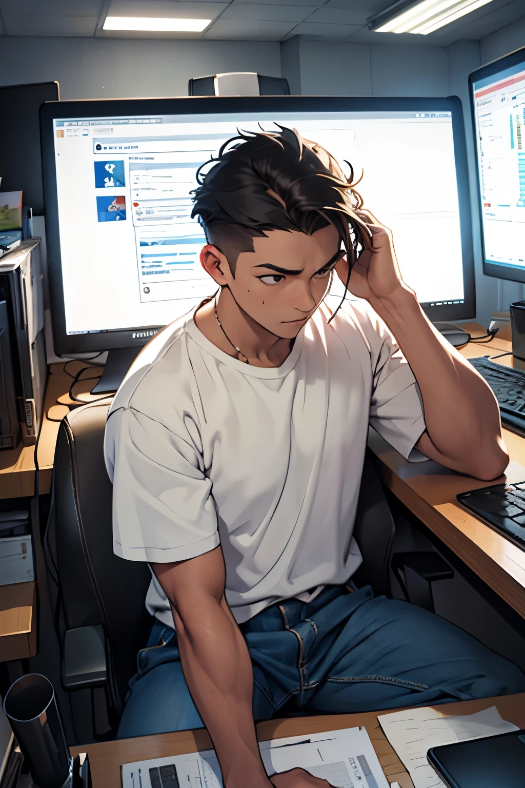 A young man immersed in work, sitting in an office with a computer before him, fingers flying over the keyboard in a rhythmic dance. His gaze is focused intently on the screen, but his left hand cradles a cell phone, occasionally glancing at the notifications that flash across its screen. The room around him is dimly lit, the only sound the faint hum of the air conditioner and the occasional ping of new messages. His attire is casual, a t-shirt and jeans, a testament to long hours spent in front of his screens. The lines on his forehead deepen with concentration, a testament to the intensity of his work.