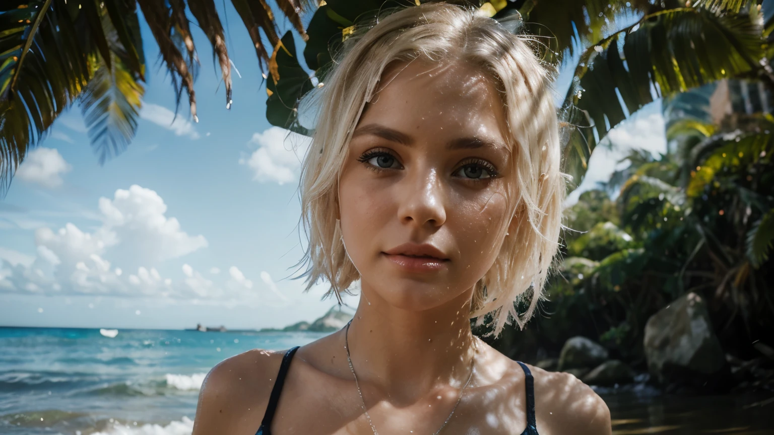 photo of woman in beach, surfing peoples in background, wet bikini, platinum blonde hair, big eyes, long eyelashes, swimming, photorealistic, sunlight, in jungle, rocks, huge eyelashes