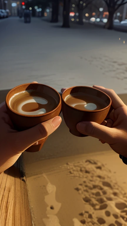 someone holding two cups of coffee in their hands on a sidewalk, two cups of coffee, drinking tea, drinking a cup of coffee, drinking coffee, drinking a coffee, is ((drinking a cup of tea)), wood cups, the sacred cup of understading, cinematic shot!, with a cup of hot chocolate, coffee cups, pot, cheers, cup of coffee