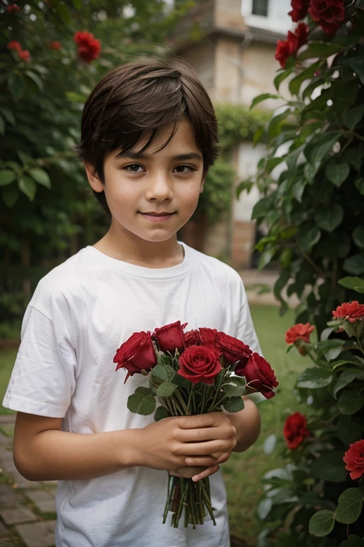 a boy with red flowers enjoying