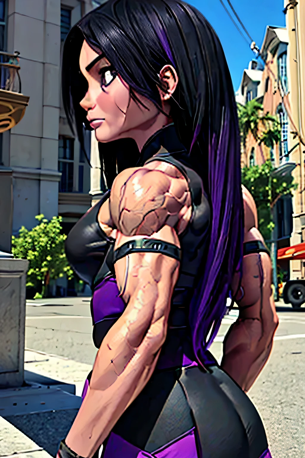 (best quality, masterpiece, high resolution),(side view:1.6), bodybuilder, (big muscles), (big pectorals), narrow waist, (face fierce and firm). great detail, insane detail, intricate detail, beautiful color grading, incredibly detailed and intricate, hyper maximal, elegant, hyperrealistic, super detailed ,(beautiful face: 2), beautiful woman face, thick muscular neck, matching neck, matching trapezius muscles, matching hair, slight smirk, neutral stare, glowing red eye-sight contrast, (8K UHD:1.2), (photorealistic:1.2),(masterpiece:1.4), (best quality:1.4),extremely detailed wallpaper, highly detailed illustrations, ((1 Girl)) , (super-complex details) official art, unity 8k wallpaper, ultra detailed, beautiful and aesthetic, masterpiece, best quality, ( zentangle, mandala, tangle, entangle), (fractal art:1.3) , masterpiece, , intricate detail,((bulking)),covered body upper body,(body builder:1.7), bodybuilder, fighter, killing machine, human killer, blood on her face, muscular, bob hair, busty, sexy, curvy, upper , from back angle, armpit, masterpiece, best quality, high quality, high definition, high quality texture, high quality shadow, high detail, beautiful detailed, fine detailed, extremely detailed cg, detailed texture, a realistic representation of the face, realistic, colorful , delicate, cinematic light, side light, Lens Flare, Ray Tracing, tailed beautiful delicate face, detailed beautiful delicate eyes, mature female,((( black and purple hair, black-top, purple-skirt))) ,bored, pompadour cut, muscular, toned, navel, ass, thick thighs, broad shoulders, big arm muscles, bicep's, meaty leg muscles, big upper body , long hair, (from behind),(( big ass)), big muscular upper body, ((muscle being shown in clothes)) , thick eyelashes, makeup.