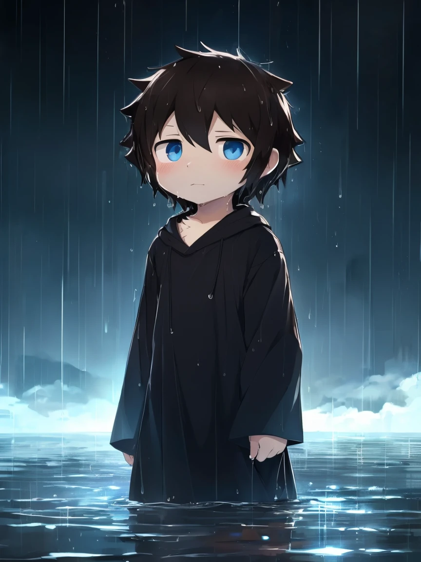 4K，8K，high resolution，masterpiece, best quality, big watery eyes, hairy, alone, wear, baggy clothes, wet fur,  Water's Edge, It&#39;s raining，((boys，Shota))