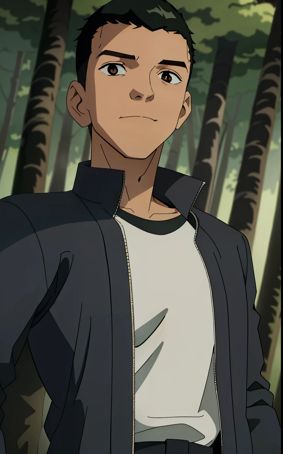 ((QuarryRyan: 1.0)), 1boy, solo, black hair, brown eyes, dark skin, black leather jacket, white shirt,  pine trees, tranquil forest,((upper body: 1.0)), looking at viewer, (insanely detailed, beautiful detailed face,beautiful detailed eyes, masterpiece, best quality), ben10,solo,
