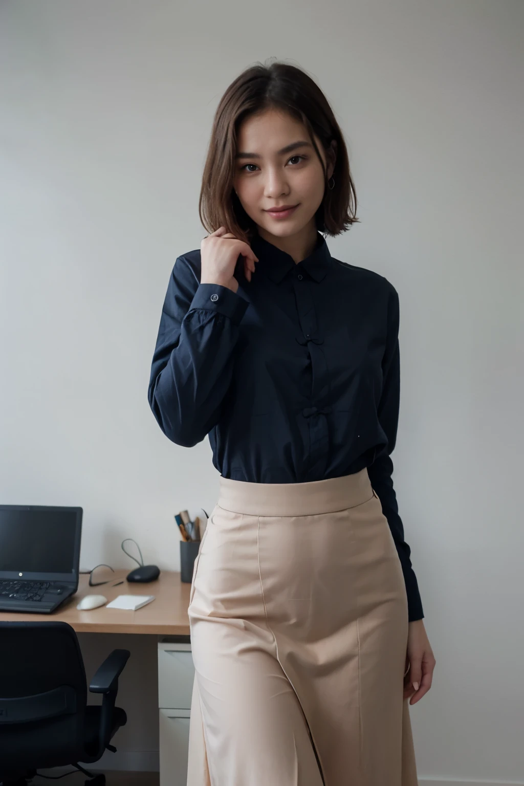 top-quality、masterpiece、超A high resolution、(realisitic:1.4)、Beautuful Women1、Beautiful detail eyes and skin、smile、Light brown short-cut hair, She is Wearing a long shirt posing for a photo, gorgeous chinese model, photo of slim girl model, IG-Modell, beautiful female model, on the office, long black shirt, long skirt