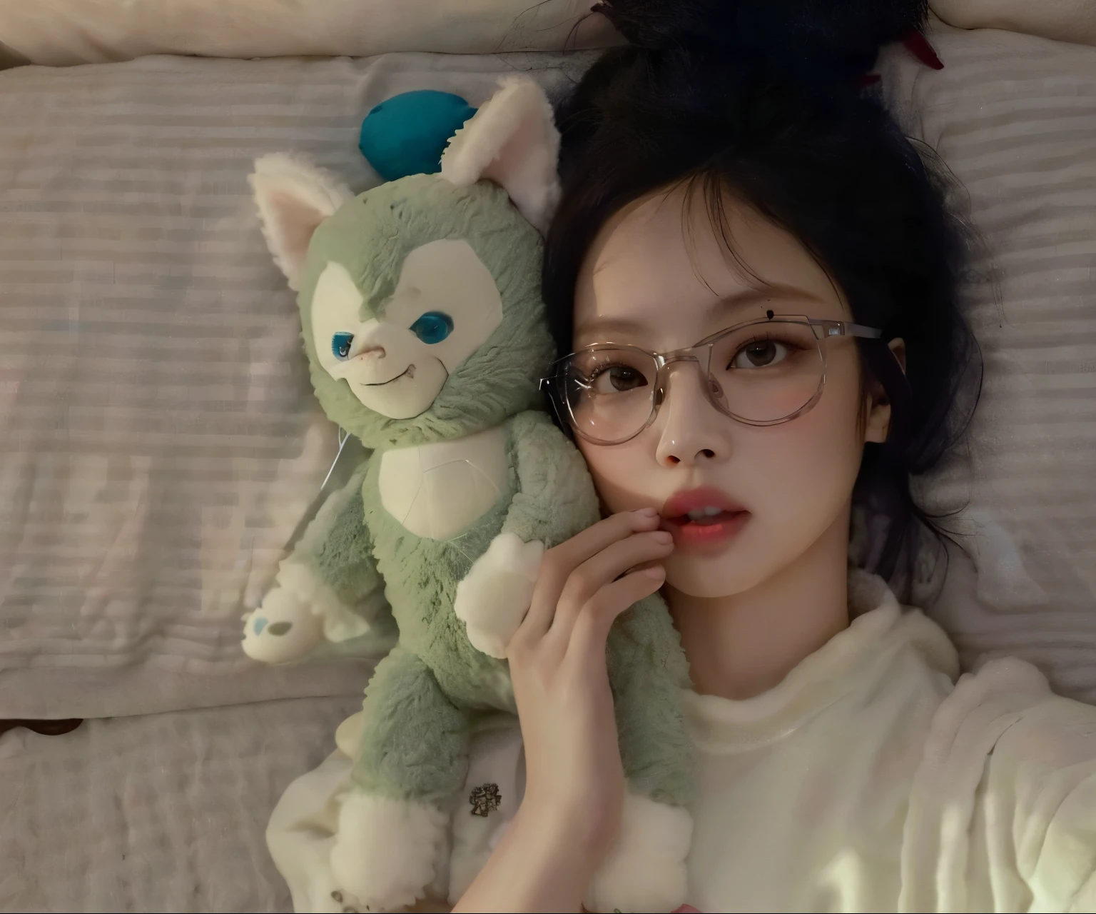 jennie blackpink arafa deitada na cama com um bicho de plushie e óculos, with glasses, jennie kim, muito linda gatinha fofa, dilraba dilmurat, jennie blackpink, imagem de qualidade muito baixa, jennie kim, plushie photography, with glasses on, brinquedo de plushie, brinquedo fofo, plushie, foto de baixa qualidade