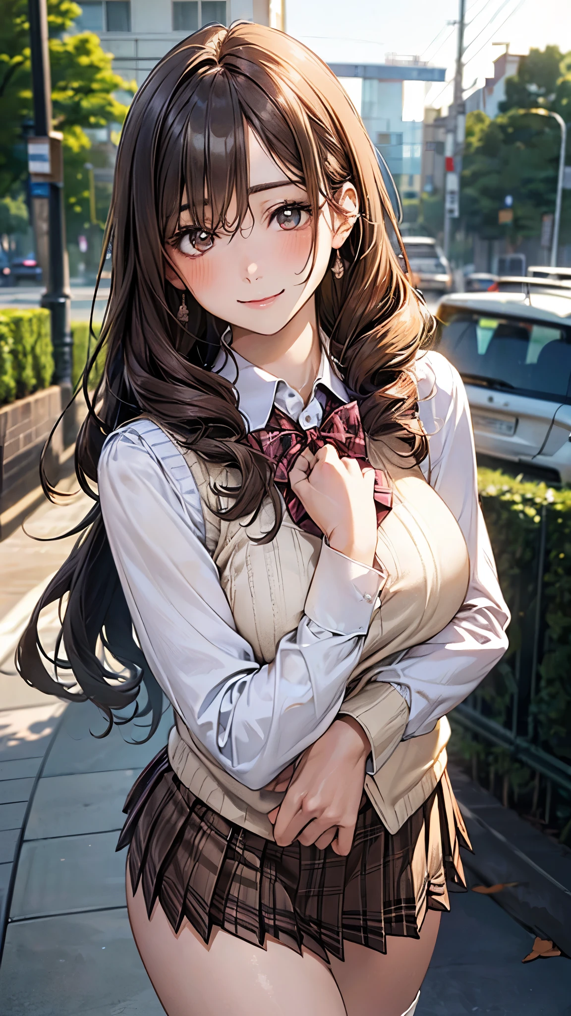 (masterpiece:1.2, top-quality), (realistic, photorealistic:1.4), beautiful illustration, (natural side lighting, movie lighting),
looking at viewer, cowboy shot, front view:0.6, 1 girl, japanese, high school girl, perfect face, cute and symmetrical face, shiny skin,
(long hair:1.8, drill hair:1.7, dark brown hair), hair between eye, emerald green eyes, long eye lasher, (large breasts:0.9, thick thighs),
beautiful hair, beautiful face, beautiful detailed eyes, beautiful clavicle, beautiful body, beautiful chest, beautiful thigh, beautiful legs, beautiful fingers,
((light pink long sleeve collared shirts, light brown plaid pleated mini skirt, socks, brown loafers, red pleated bow tie, beige sleeveless knitted vest)), pink panties,
(beautiful scenery), evening, riverside, walking, hands on chest, (lovely smile, upper eyes),