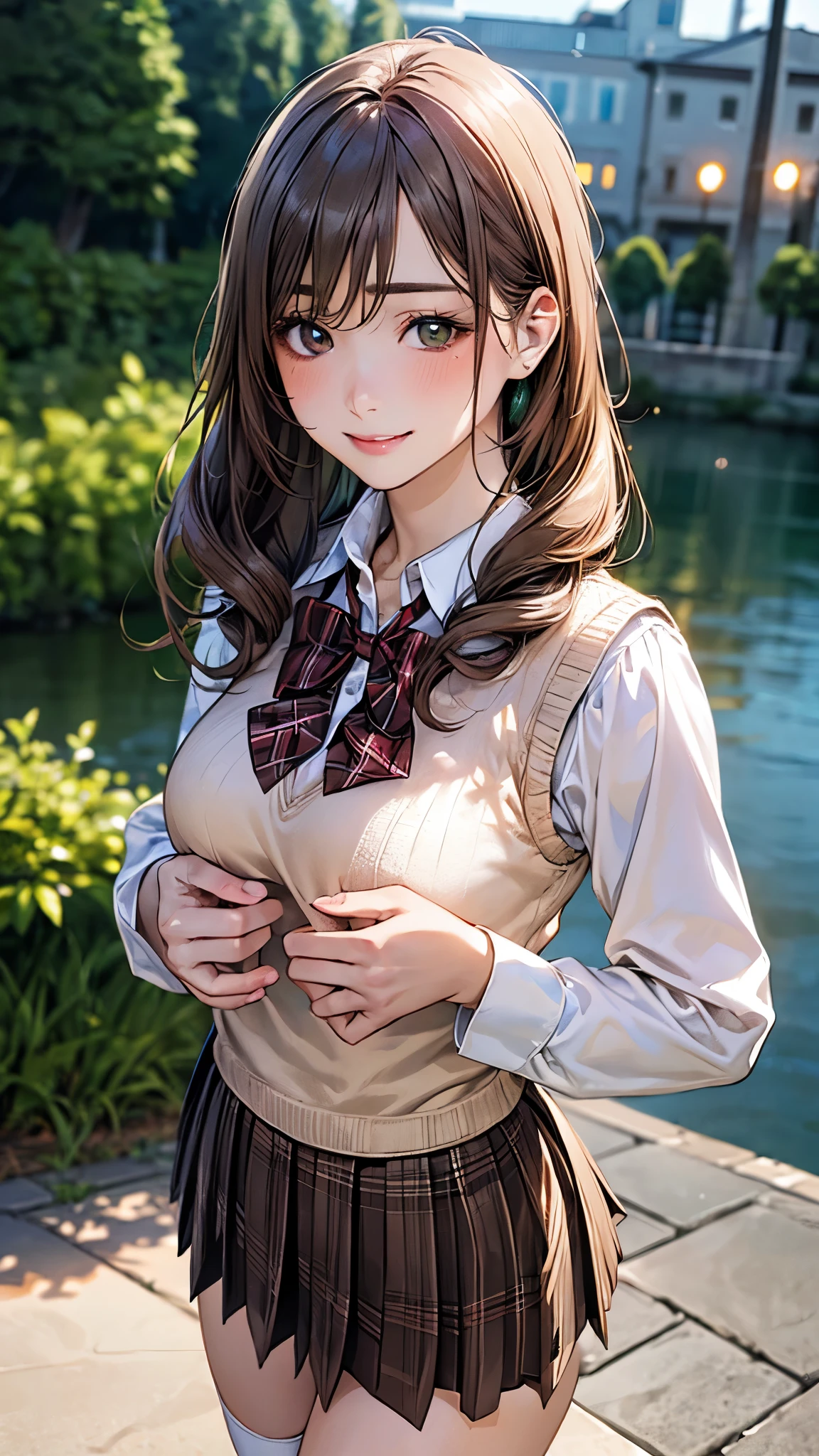 (masterpiece:1.2, top-quality), (realistic, photorealistic:1.4), beautiful illustration, (natural side lighting, movie lighting), 
looking at viewer, cowboy shot, front view:0.6, 1 girl, japanese, high school girl, perfect face, cute and symmetrical face, shiny skin, 
(long hair:1.8, drill hair:1.7, dark brown hair), hair between eye, emerald green eyes, long eye lasher, (large breasts:0.9, thick thighs), 
beautiful hair, beautiful face, beautiful detailed eyes, beautiful clavicle, beautiful body, beautiful chest, beautiful thigh, beautiful legs, beautiful fingers, 
((light pink long sleeve collared shirts, light brown plaid pleated mini skirt, socks, brown loafers, red pleated bow tie, beige sleeveless knitted vest)), pink panties, 
(beautiful scenery), evening, riverside, walking, hands on chest, (lovely smile, upper eyes), 