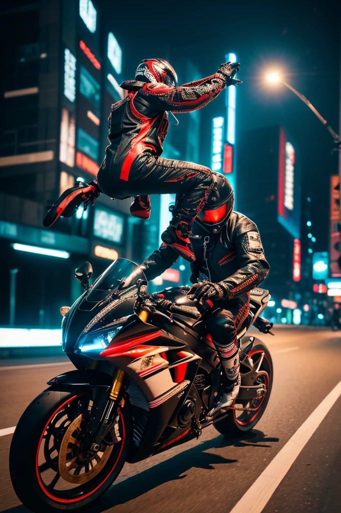 (1 cyber punk mecha hummananoid)(1 humanoid mechanical man), Mechanic man wearing black and red trim leather lace suit、Riding a black and red futuristic Yamaha YZF-R9 race bike。, A mechanical man is doing a wheelie on a mountain street at night, The stars and moon are bright, the sky is dark, central curved configuration, Perspectives from the front, Red and Black theme, motorsport photography, game CG, cycle 4d rendering, cycle 3d rendering, racing, RGP Artwork, Dark hangar background, yellow backlight, cycle render, hyper-detailed masterpiece:1.5), (beautifuly intricate:1.5), (beautiful + beautiful + harmonic:1.5), (highly detailed face, highly detailed eyes, highly detailed mouth, highly detailed body, highly detailed hands, highly detailed clothes, highly detailed landscape:1.5), (sharpen details:1.2), high detail, realism, Futurism,cyber punk, shining light, masterpiece, Super detailed, high details, Awards, high details, (highest quality:1.5)