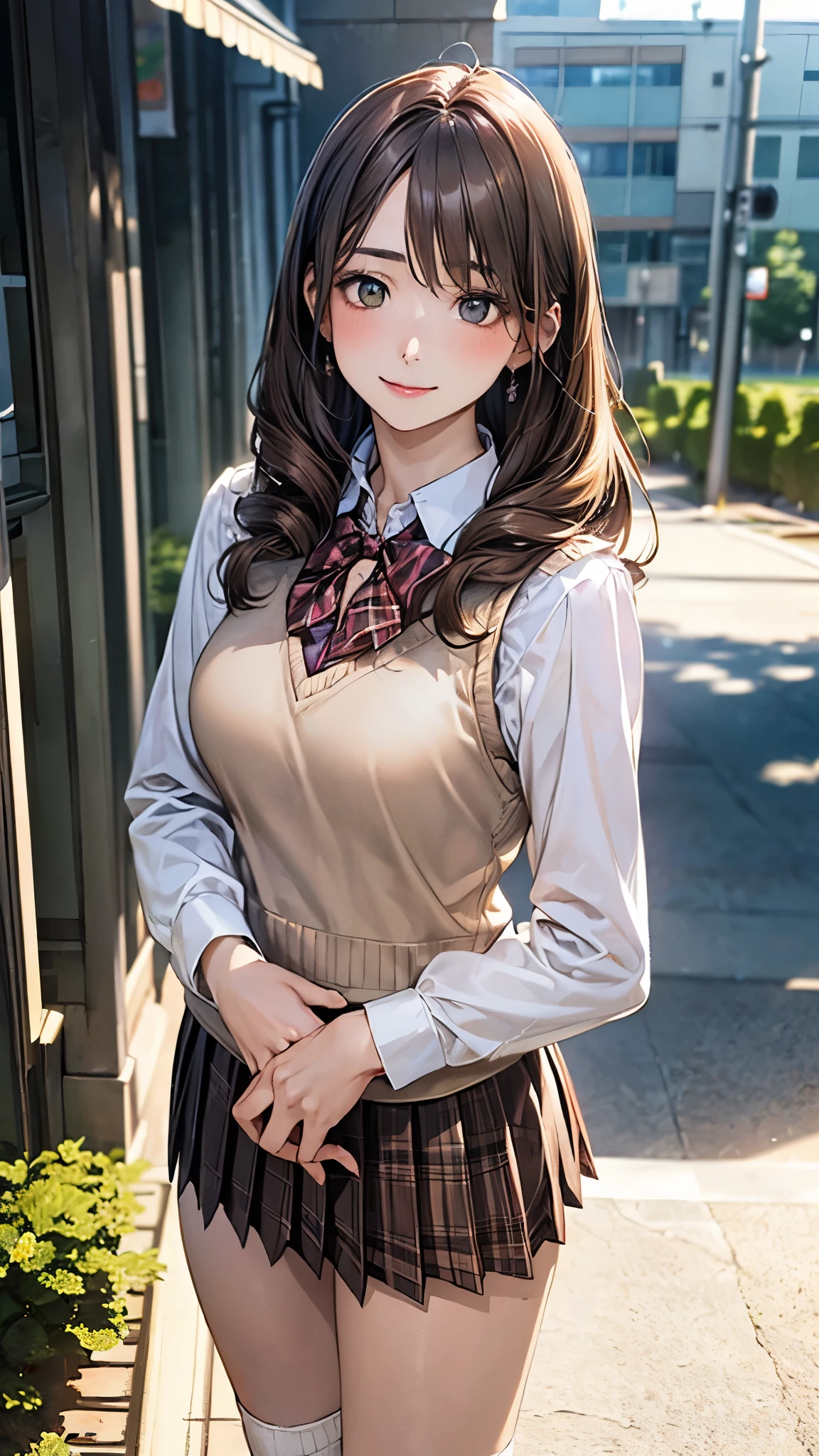 (masterpiece:1.2, top-quality), (realistic, photorealistic:1.4), beautiful illustration, (natural side lighting, movie lighting), 
looking at viewer, cowboy shot, front view:0.6, 1 girl, japanese, high school girl, perfect face, cute and symmetrical face, shiny skin, 
(long hair:1.8, drill hair:1.7, dark brown hair), hair between eye, emerald green eyes, long eye lasher, (large breasts:0.9, thick thighs), 
beautiful hair, beautiful face, beautiful detailed eyes, beautiful clavicle, beautiful body, beautiful chest, beautiful thigh, beautiful legs, beautiful fingers, 
((light pink long sleeve collared shirts, light brown plaid pleated mini skirt, socks, brown loafers, red pleated bow tie, beige sleeveless knitted vest)), pink panties, 
(beautiful scenery), evening, riverside, walking, hands on chest, (lovely smile, upper eyes), 