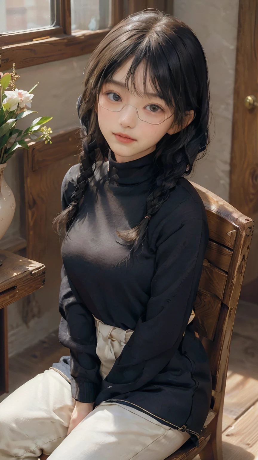 masterpiece, highest quality, one woman, Japanese people in their 20s, (black hair, very short hair, two braids, curly hair, With bangs), (symmetrical beauty, small face, sharp outline, thick eyebrows, dark eyebrows, realistic eyes, double eyelid, droopy eyes, small nose, thick lips, close your mouth), (smile, shy smile), (glasses, 縁が薄いglasses, 小さいglasses, レンズが小さいglasses, square lens), (wheat-colored skin, realistic skin texture, I cup breasts, Slightly plump body type), (jacket:long beige coat, inside:black turtleneck sweater, pants:dark blue long jeans, brown long boots), (sitting, on the chair, Show the whole body, Even the shoes are shown), The background is a Western-style cafe, (face directly toward the camera, looking directly at the viewer, looking at the camera, The whole body is facing towards the viewer., whole body facing towards the camera, face looks straight into the camera).