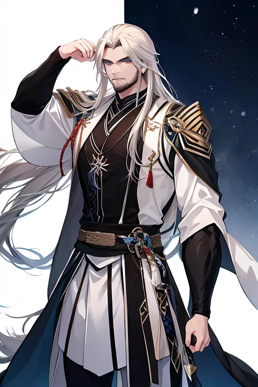 A muscular blonde haired man with blue eyes with long hair and a dark beard is practicing with his sword in a winter wonderland