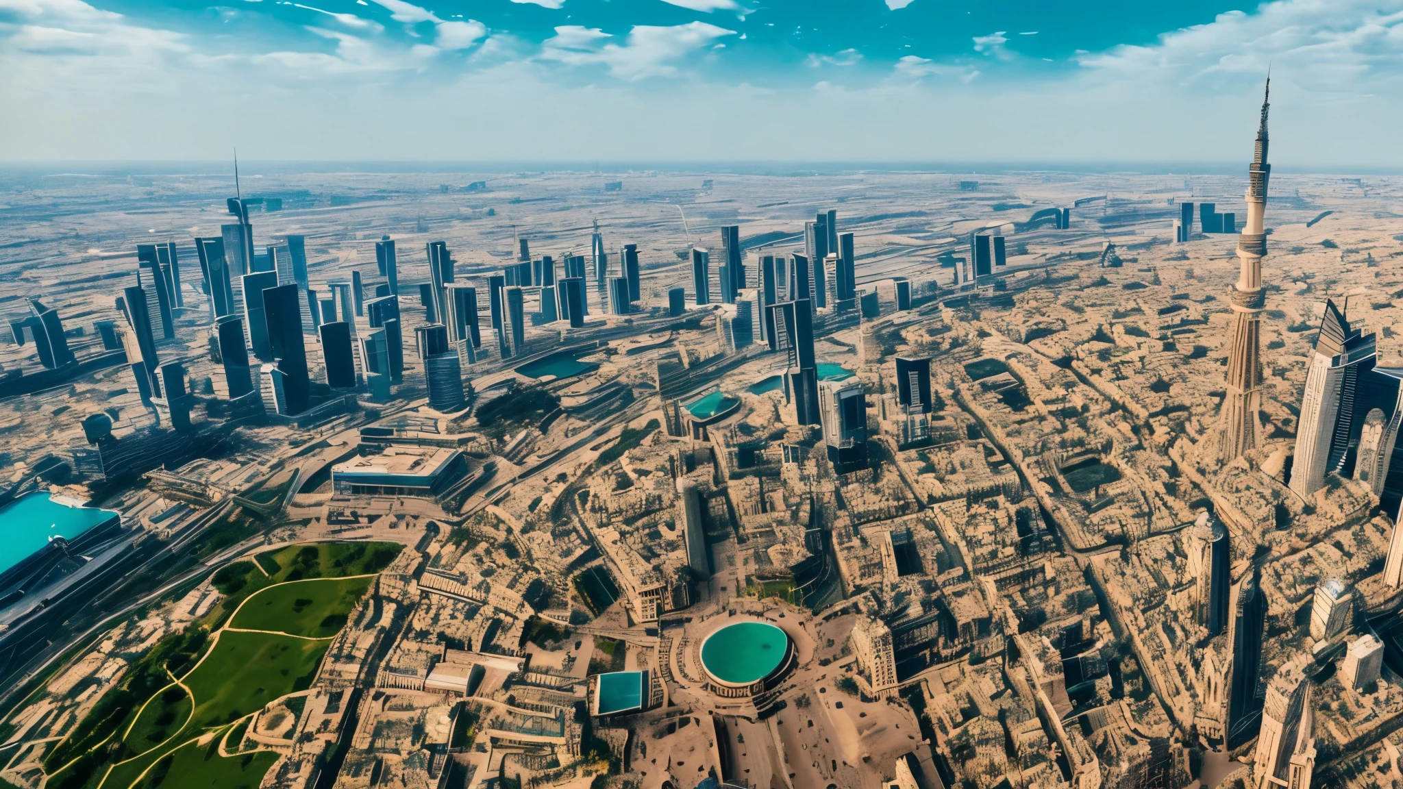 Photorealistic ultra wide angle, drone shot of a city, ultra detailed, Eiffel Tower, Burj Khalifa, Taj Mahal, Angkor Wat Temple, skyline looks like a combination of ancient Indian Temples and Chicago, cinematic lighting, daytime, shot on ARRI ALEXA 65, cinema LUT