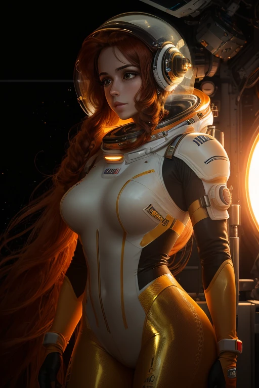 (best quality,8k:1.2,high resolution:1.2),ultra-detalhado,Realistic,retro science fiction female astronaut,very long red hair,rosto extremamente detalhados,long eyelashes,all sheer gold Collant de nylon Apertado,orange pantyhose,gloves,Glossy plastic accessories,Physically-based rendering,foco nítido,studio lighting