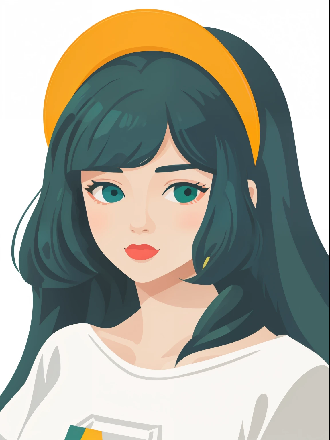 Portrait of green haired girl, white background, simple illustration, vector art, white t-shirt, no decorations