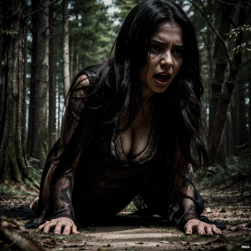 8k, A woman crawling on the ground in the forest. (1woman). High resolution, real looking skin, real skin pores, moles on skin, Horror, very long black hair, (photorealistic), wearing a dirty gown, eerily distorted face, at night, Tonal color scheme, dark ambiance, very scared expression, mystery, Crazy look, In the style of Denis Villeneuve, grudge, Grievances, cleavage, Crawling to the ground, detailed background, Middle-aged woman, Lies down and looks up, reaching out her hands, Wide open mouth, shouting and screaming, fear, Female in her 40s, mybeauties
