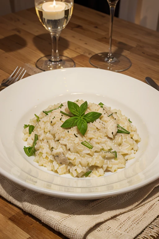 dinner with a set table white dish leek risotto