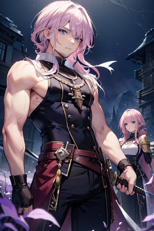 A muscular blonde haired male viking with blue eyes with long hair and a dark beard is practicing with his sword with a pink haired woman with violet eyes with an hourglass figure with short hair in a field
