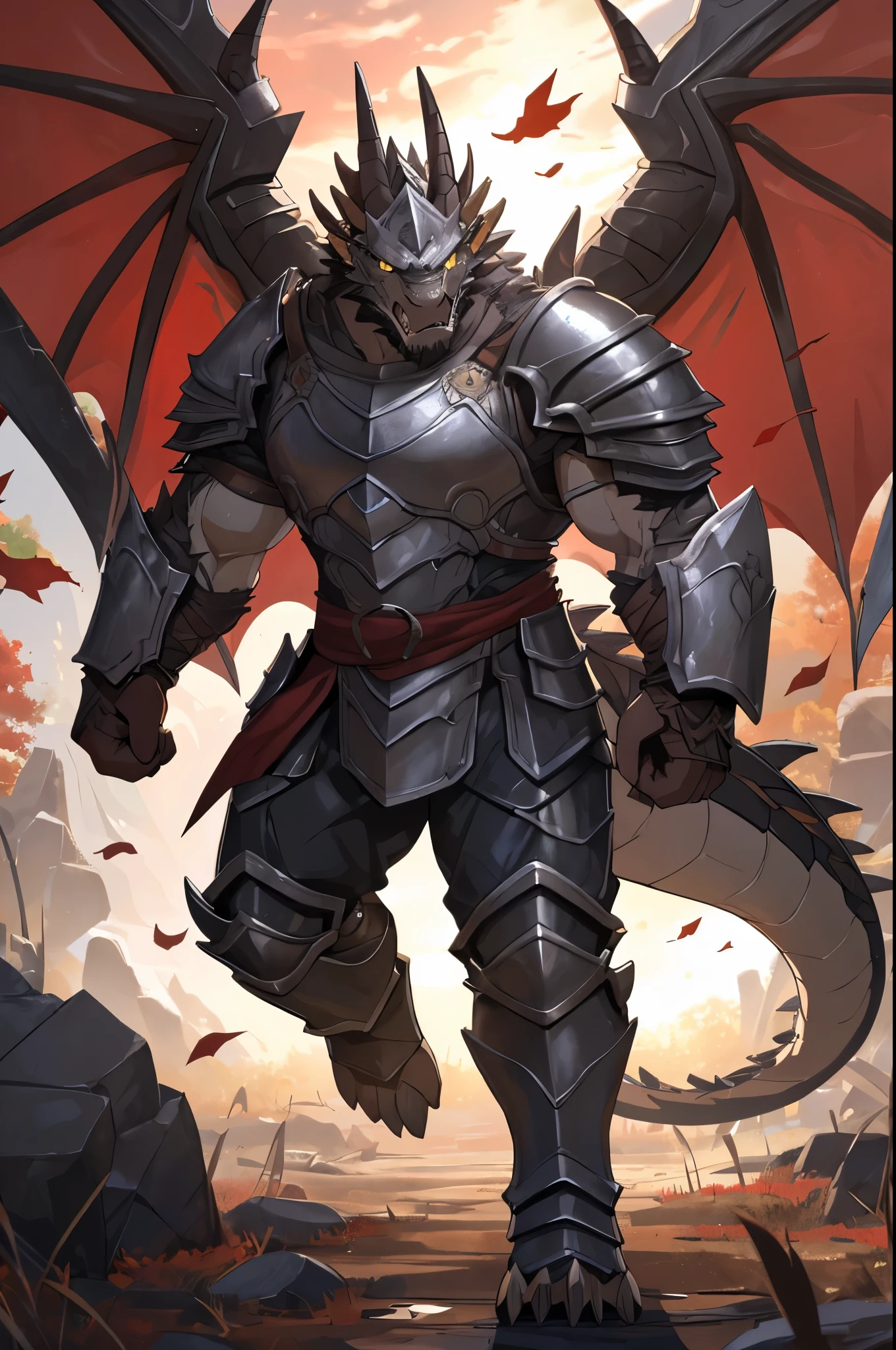 hairy,alone,black and white skin dragon,yellow eyes,muscular,Armor battle damage,Wear jewelry,red background,In a broken battlefield,All over the battlefield,(roar of pain),(Maximum details),backlight,(4K),Fall to your knees,(Tears flashed in eyes),((Dorsal wings))