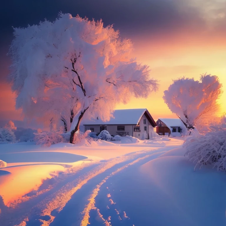 snowy scene with a house and trees in the background, warm beautiful scene, snowy winter, beautiful snowy landscape, beautiful winter area, winter setting, winter atmosphere, winter in the snow, glowing snow, winter snow, snowy winter scene, snow landscape, beautiful sunset glow, winter scene fantasy, very beautiful photo, winter landscape outside, winter landscape, in the winter, cold sunset