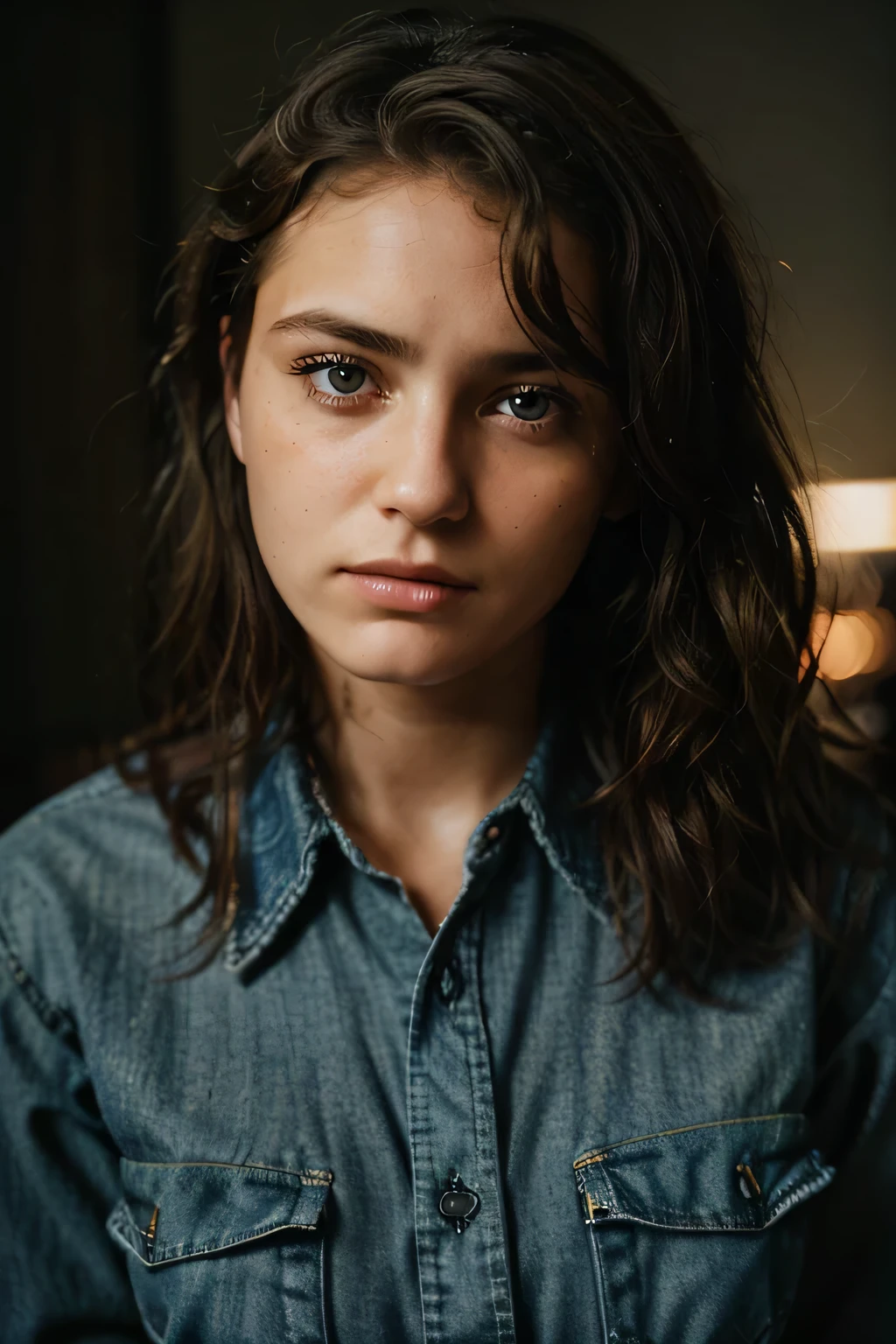 photograph of a woman, (troubled facial expression), textured skin, goosebumps, curly hair, plaid flannel shirt with distressed boyfriend jeans, cowboy shot, perfect eyes, Porta 160 color, shot on ARRI ALEXA 65, bokeh, sharp focus on subject, shot by Don McCullin