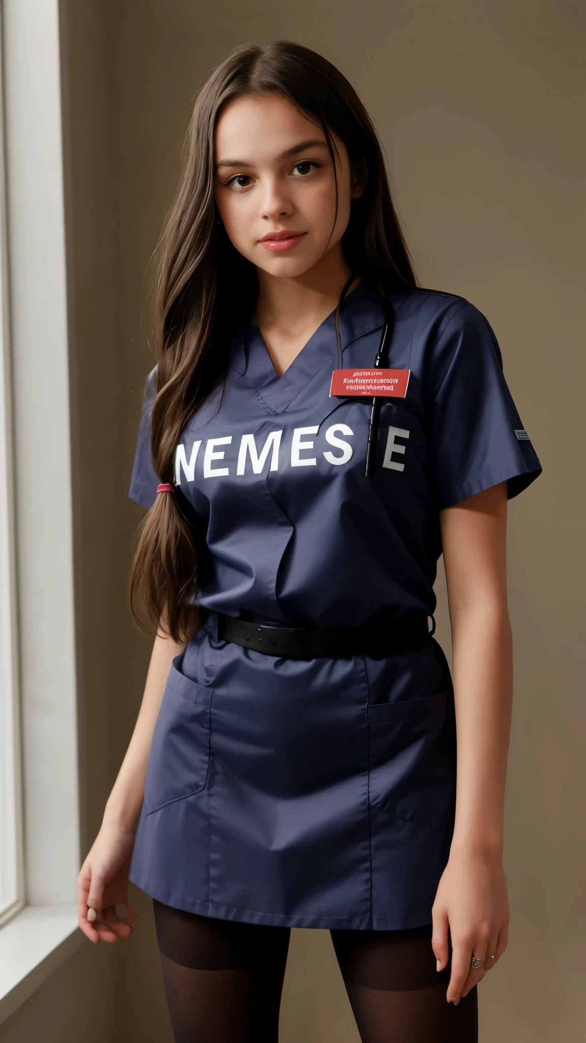 Olivia Rodrigo , long hair: 1.3, nurse uniform, zombie girl, pantyhose, light skin, photorealistic