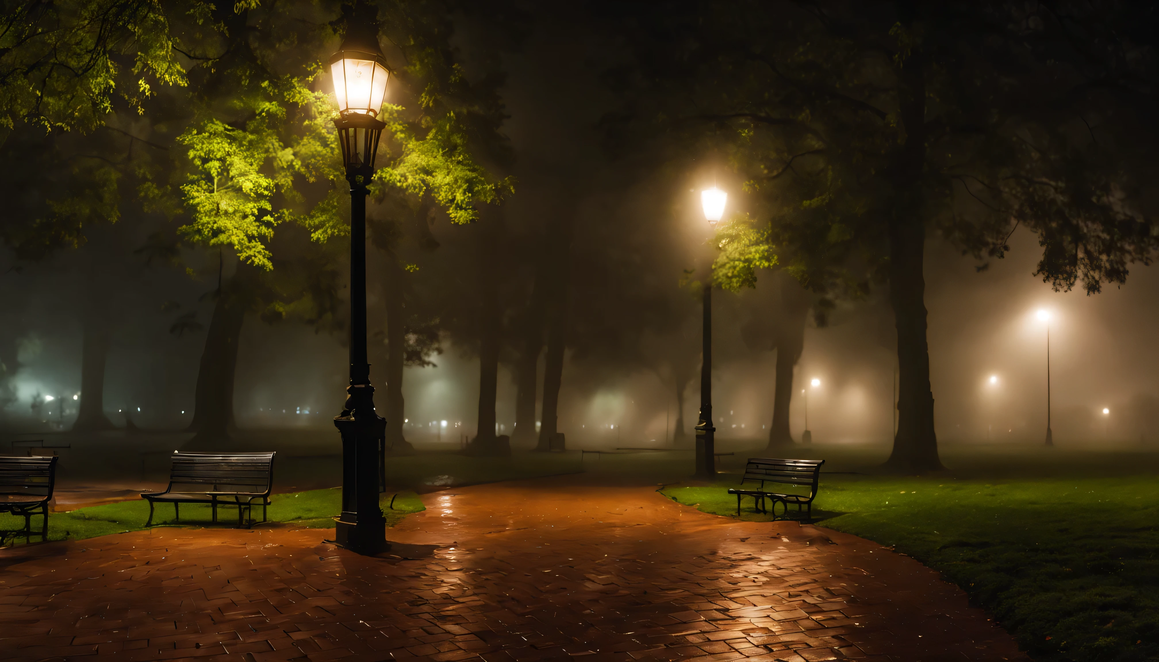 a park at night with fog on a rainy day