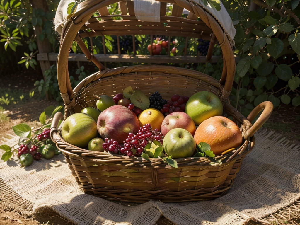 (best quality,4k,8k,highres,masterpiece:1.2),ultra-detailed,(realistic,photorealistic,photo-realistic:1.37),food,fruits in basket,crops,orchard,garden,fruits around basket,illustration,close-up,highly detailed fruits and vegetables,pastoral scene,natural lighting,vibrant colors,vegetable garden,abundant harvest,autumnal colors,ripe and juicy fruits,dappled sunlight,sunlit leaves,healthy and organic,plentiful produce,scenic landscape,lush greenery,overflowing basket,farm-to-table,delicious and tempting fruits,harvest season,wholesome nourishment,freshly harvested crops,succulent berries,bountiful variety,meticulously arranged fruits,still life composition