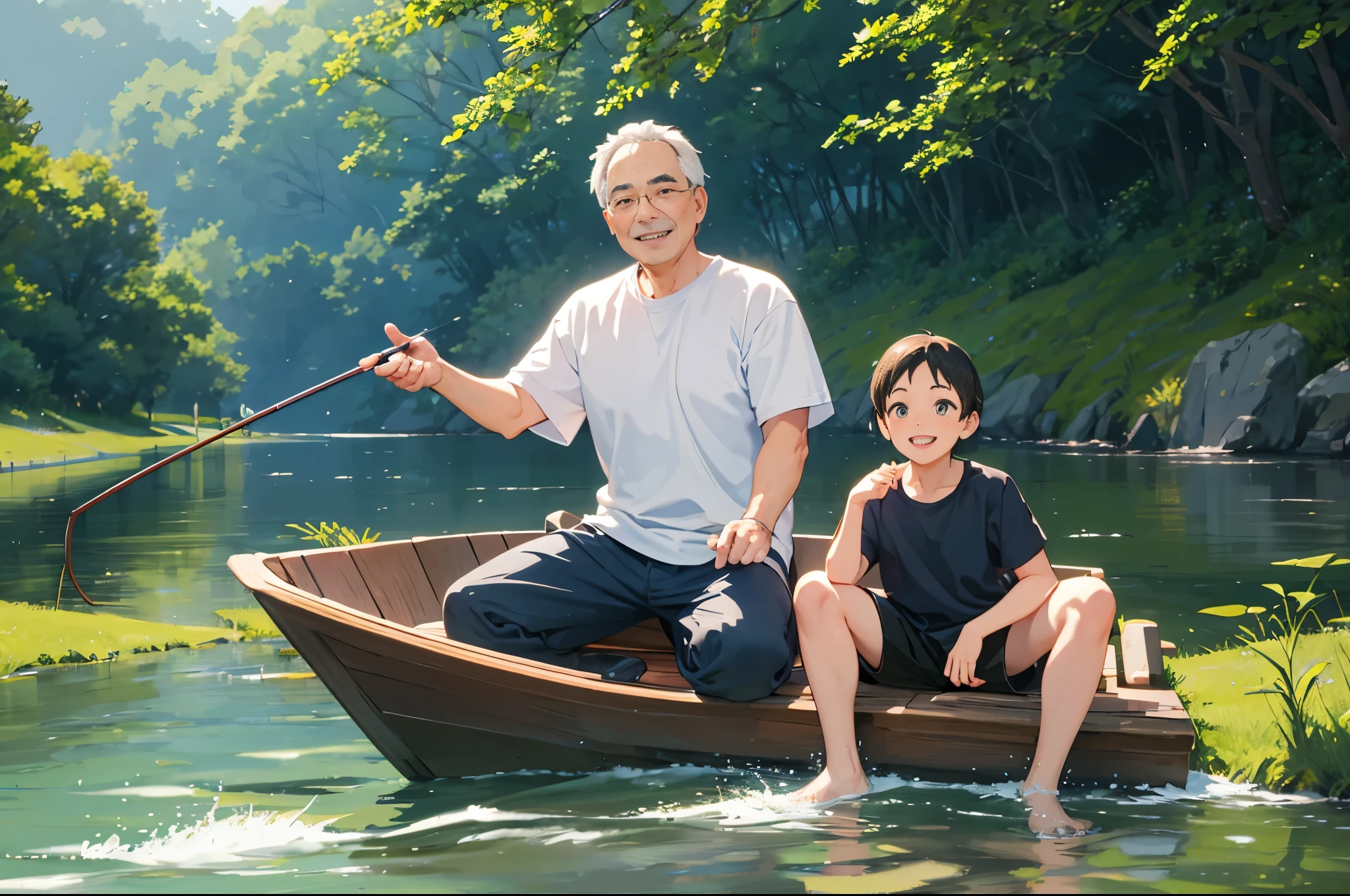 (best quality), (masterpiece),(big smile), a grandfather and grandson fishing by the riverside, (detailed faces:1.3), in the style of Studio Ghibli