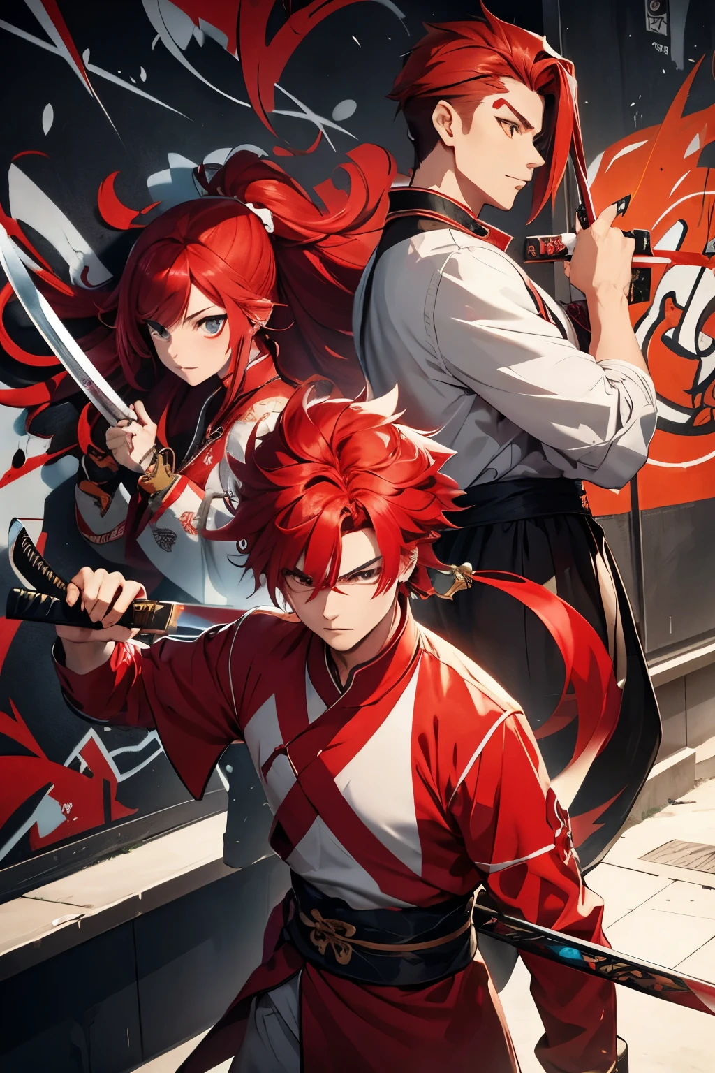 Male character, red-and-white Chinese clothing, red hair, and a katana with a mirror blade. and colorful graffiti tiger spirits