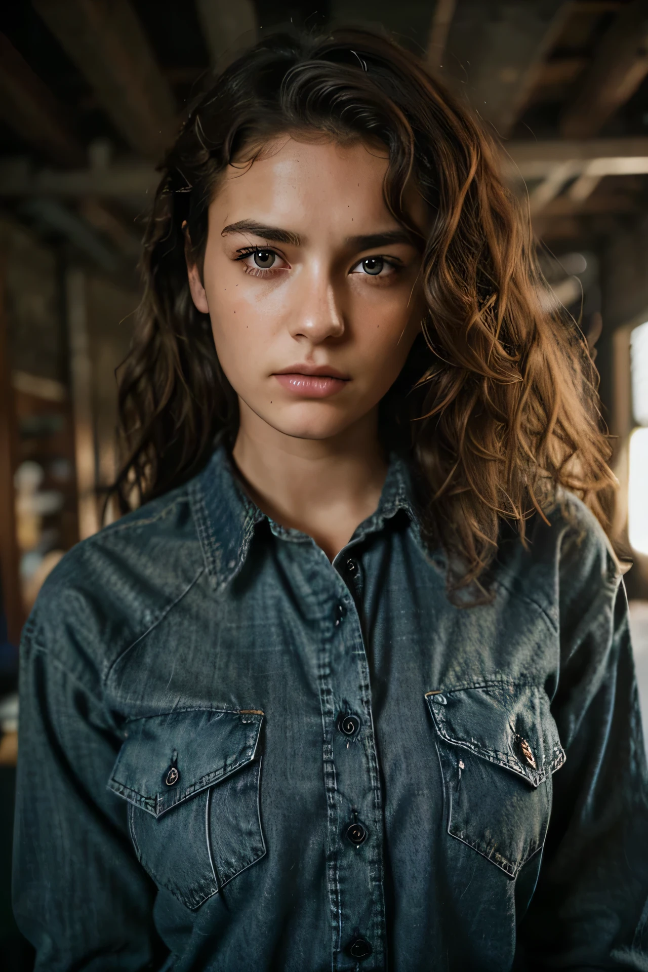 photograph of a woman, (troubled facial expression), textured skin, goosebumps, curly hair, plaid flannel shirt with distressed boyfriend jeans, cowboy shot, perfect eyes, Porta 160 color, shot on ARRI ALEXA 65, bokeh, sharp focus on subject, shot by Don McCullin
