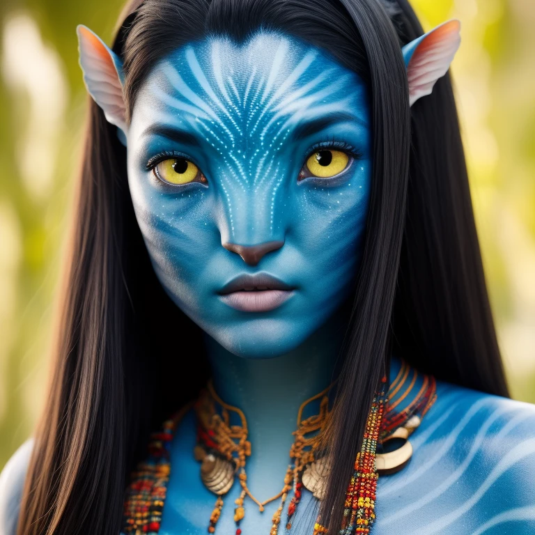 avtr:1.1, avatar style, portrait:1.6, 1girl, female, Devon Aoki:2, d3v0n4, (blue skin tone:1.0), (long hair:1.0), black hair color, (adult), 35 years old, face wrinkles, wearing tribal clothing, wearing a top, detailed eyes, toned body, muscled body, vibrant colors, glowing, ethereal atmosphere, surrealistic dreamy lighting, textured skin, otherworldly beauty, mesmerizing photography, (best quality, highres), vivid colors, ultrarealistic, skin details, striped skin, sfw, face close-up:0.5, ultradetailed body