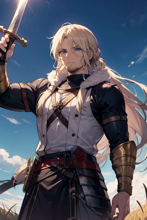 A muscular blonde haired male viking with blue eyes with long hair and a dark beard is practicing with his sword in a field
