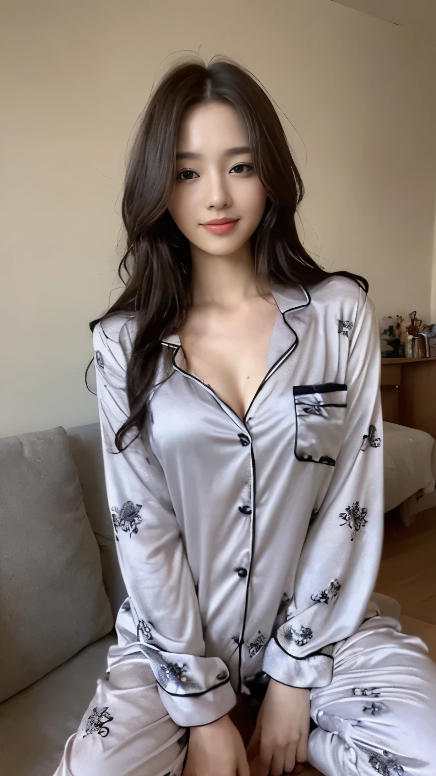 ((top-quality、8k、masterpiece:1.3))、Beautiful woman with perfect body:1.4、slim abdomen:1.2、Longhair, normal breast, Highly detailed facial and skin texture, A detailed eye, (smile), (full body shot), ((bedroom)), (sitting at sofa), (((wearing pajamas))), looking infront