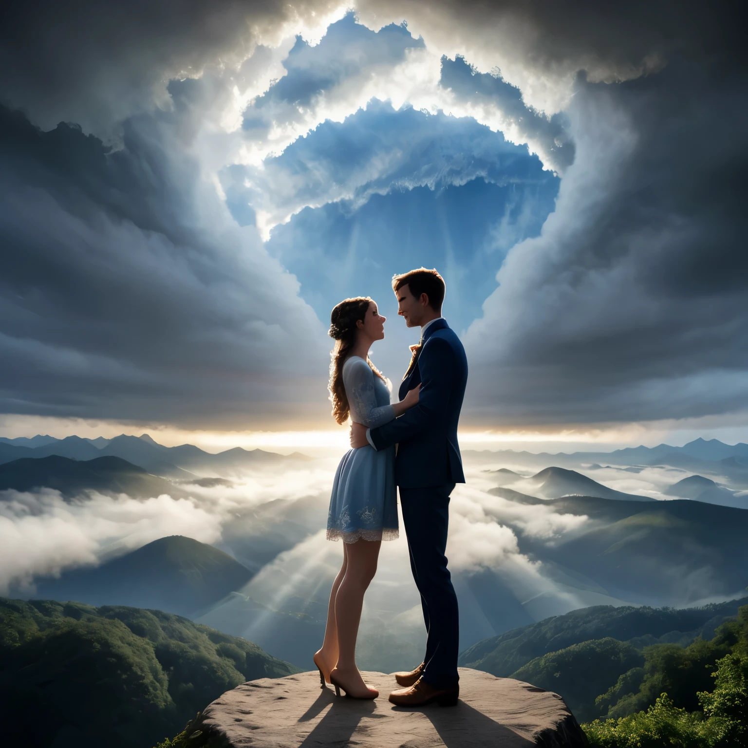 Generate a detailed description for an image with two people. The first person could [Mann, beautyfull, Hoffnung, Entschlossenheit,  brown mittellanges hair, (lanze in der rechten hand), fly into the clouds], while the second person [Fee, Kind, kleine Frau, Sexy, Blaues kurzes Kleid, leuchtet]. The scene could [fliegen richtiung wolken, dynamisches Licht] beinhalten