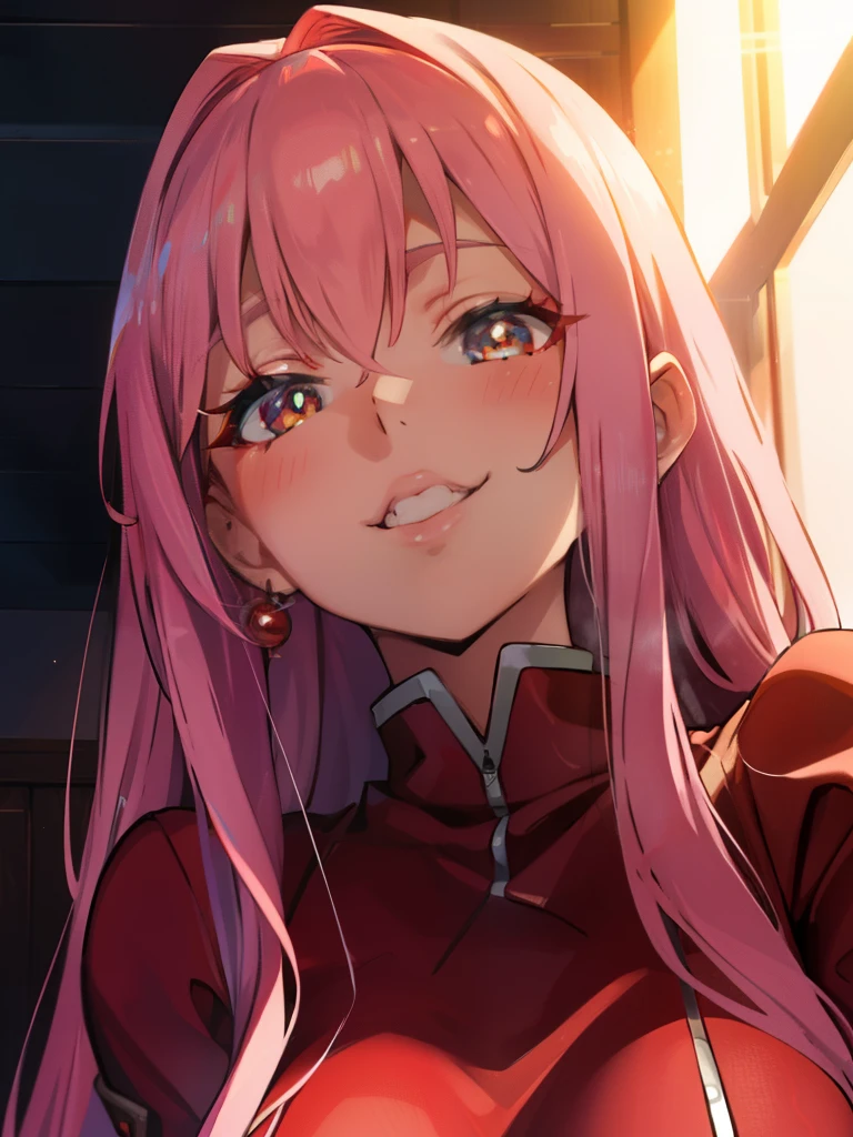 blush, glowing aura, natural light, masterpiece,  glossy skin, juicy lips , ,sexy, hot, ,  evil,juicy lips, bimbo, long hair,  bimbo, cute, evil smile, juicy lips, long eyelashes,  , zero two, sexy, curvey, red dress