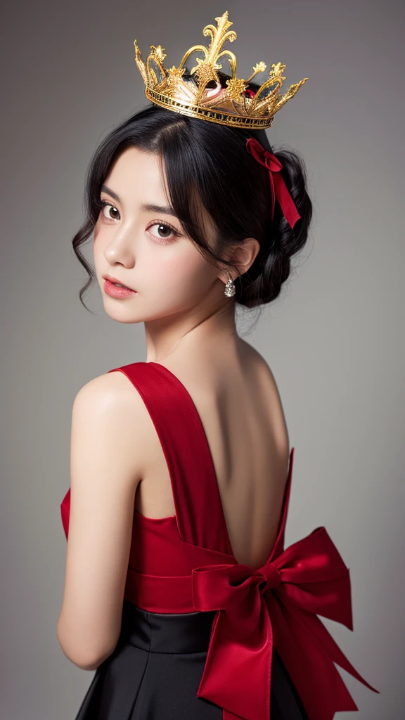 woman holding a crown、red tie、black hair、slightly reddish eyes、A girl wearing a big red ribbon on the back of her head