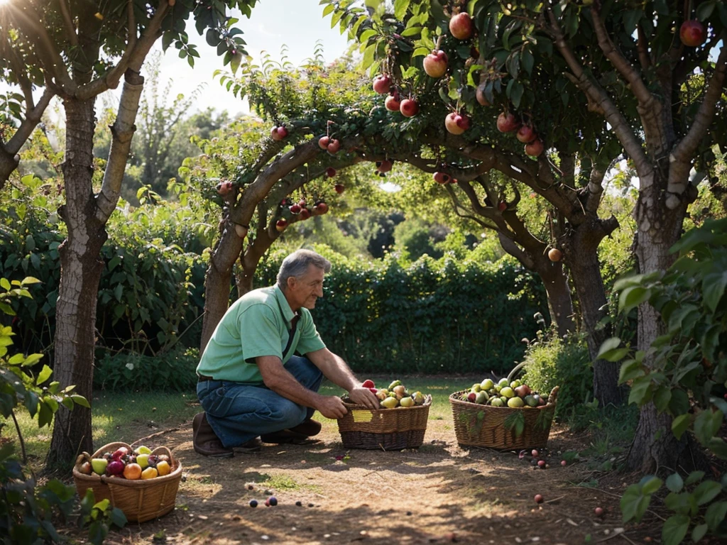 A fruit orchard with baskets filled with various fruits, surrounded by lush greenery and vibrant crops. The garden is bathed in sunlight, creating a warm and inviting atmosphere. The old man tends to the orchard, carefully tending to the vines and ensuring the fruits grow beautifully. The baskets are overflowing with a bountiful harvest, with an array of fruits in vibrant colors scattered around the baskets. The scene depicts a picturesque and abundant harvest, showcasing the beauty of nature's bounty. The image quality is of the highest caliber, with ultra-detailed and realistic elements. The colors are vivid and the lighting captures the essence of a sunny day in the orchard.