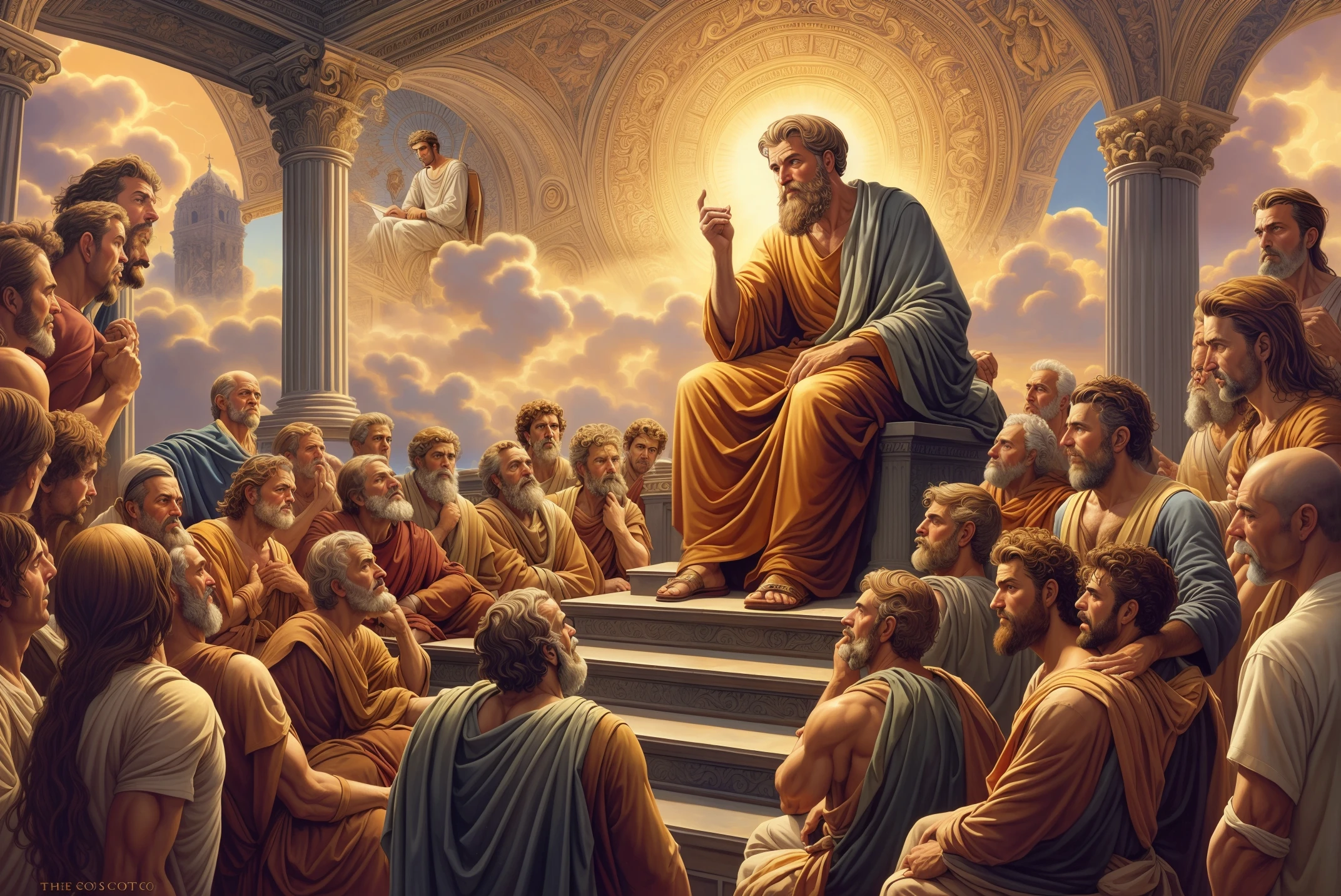 a painting of a man sitting on a throne with a crowd of people, divino e estoico, inspired by Theophanes, o Grego, bible illustration, Fundo onioso, by Theophanes, o Grego, por F Scott Hess, estoicismo, Stoic attitude, sua mente contemplando a eternidade, philosopher, por F. Scott Hess