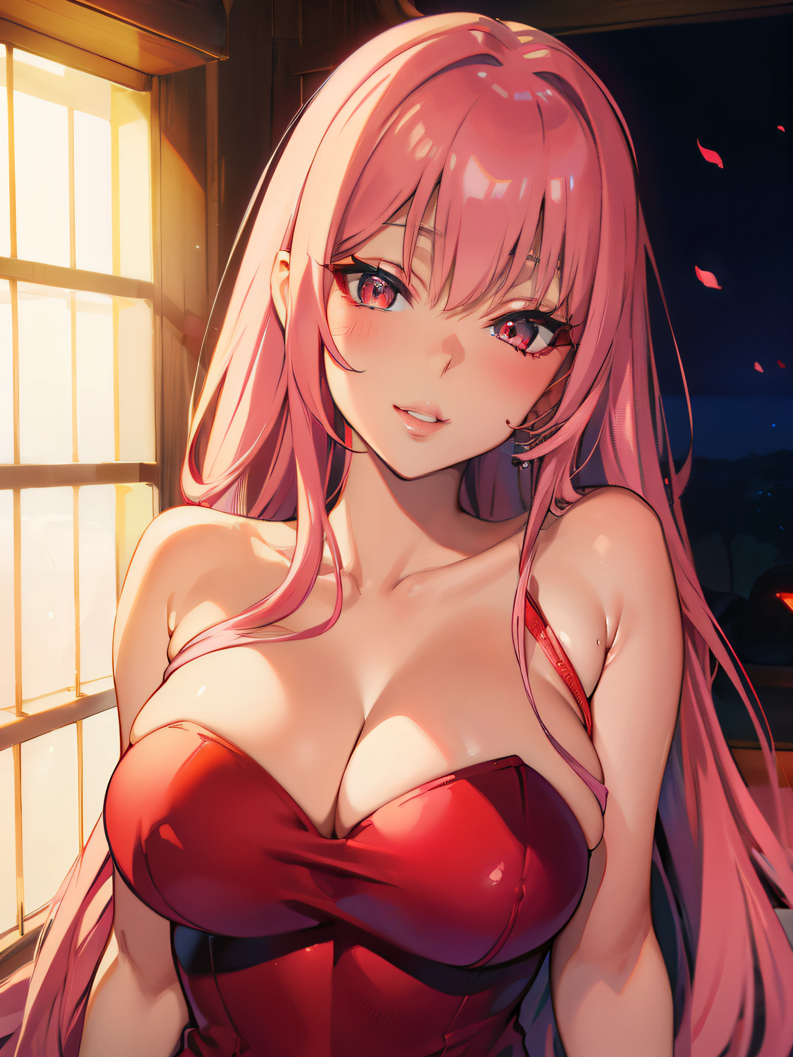 blush, glowing aura, natural light, masterpiece,  glossy skin, juicy lips , ,sexy, hot, ,  evil,juicy lips, bimbo, long hair,  bimbo, cute, evil smile, juicy lips, long eyelashes,  , zero two, sexy, curvey, red dress