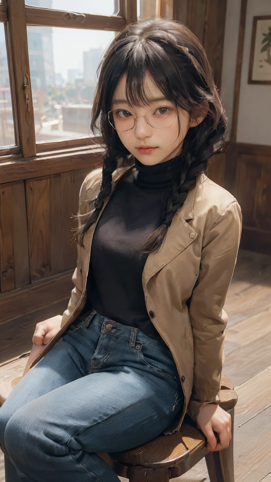 masterpiece, highest quality, one woman, Japanese people in their 20s, (black hair, very short hair, two braids, curly hair, No bangs), (symmetrical beauty, small face, sharp outline, thick eyebrows, dark eyebrows, realistic eyes, double eyelid, droopy eyes, small nose, thick lips, close your mouth), (smile, shy smile), (glasses, 縁が薄いglasses, 小さいglasses, レンズが小さいglasses, square lens), (wheat-colored skin, realistic skin texture, I cup breasts, Slightly plump body type), (jacket:long beige coat, inside:black turtleneck sweater, pants:dark blue long jeans, brown long boots), (sitting, on the chair, Show the whole body, Even the shoes are shown), The background is a Western-style cafe, (face directly toward the camera, looking directly at the viewer, looking at the camera, The whole body is facing towards the viewer., whole body facing towards the camera, face looks straight into the camera).